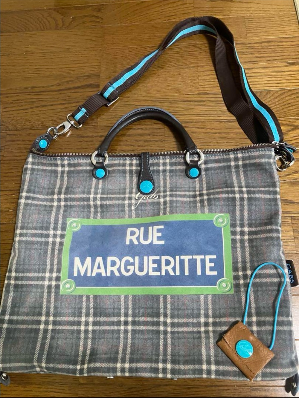Gabs Rue Margueritte Plaid convertible Tote Bag in Gray with Blue Accents